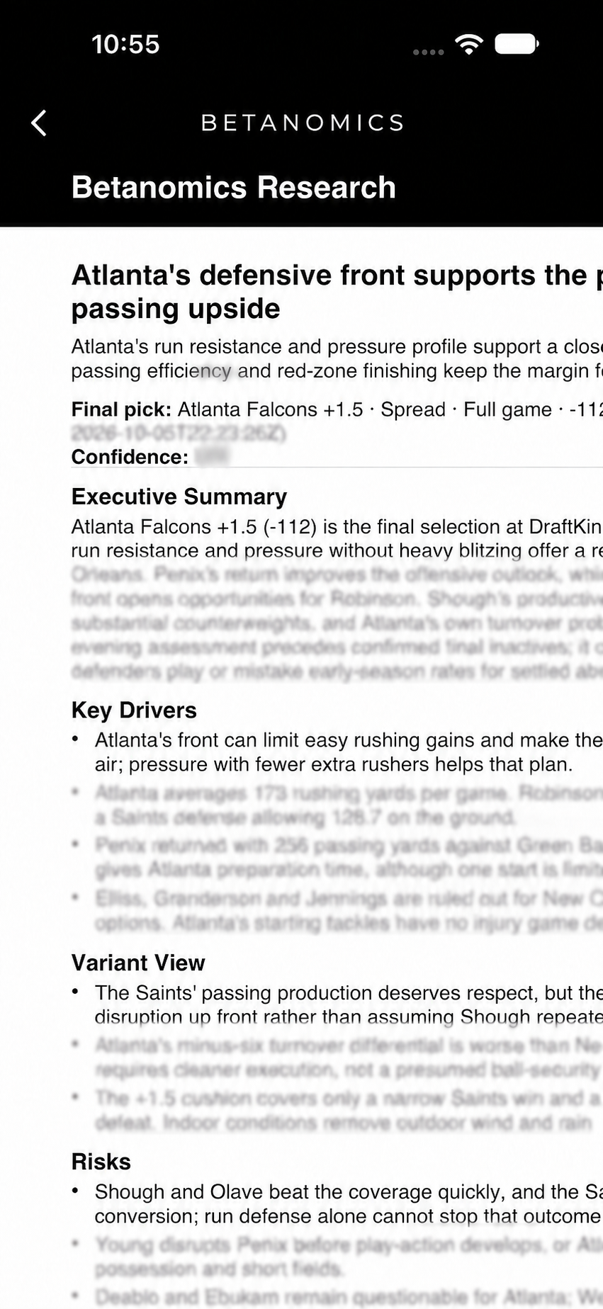 Zoomed Atlanta Falcons research report in the Betanomics app, with selected details blurred